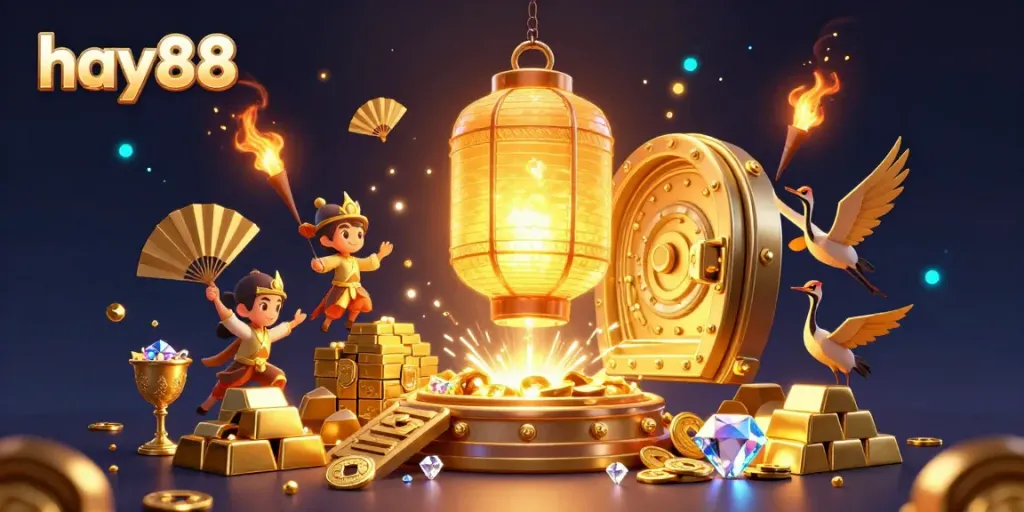 Experience the magic of hay88 through a vibrant, animated casino scene filled with golden treasures and dynamic characters.