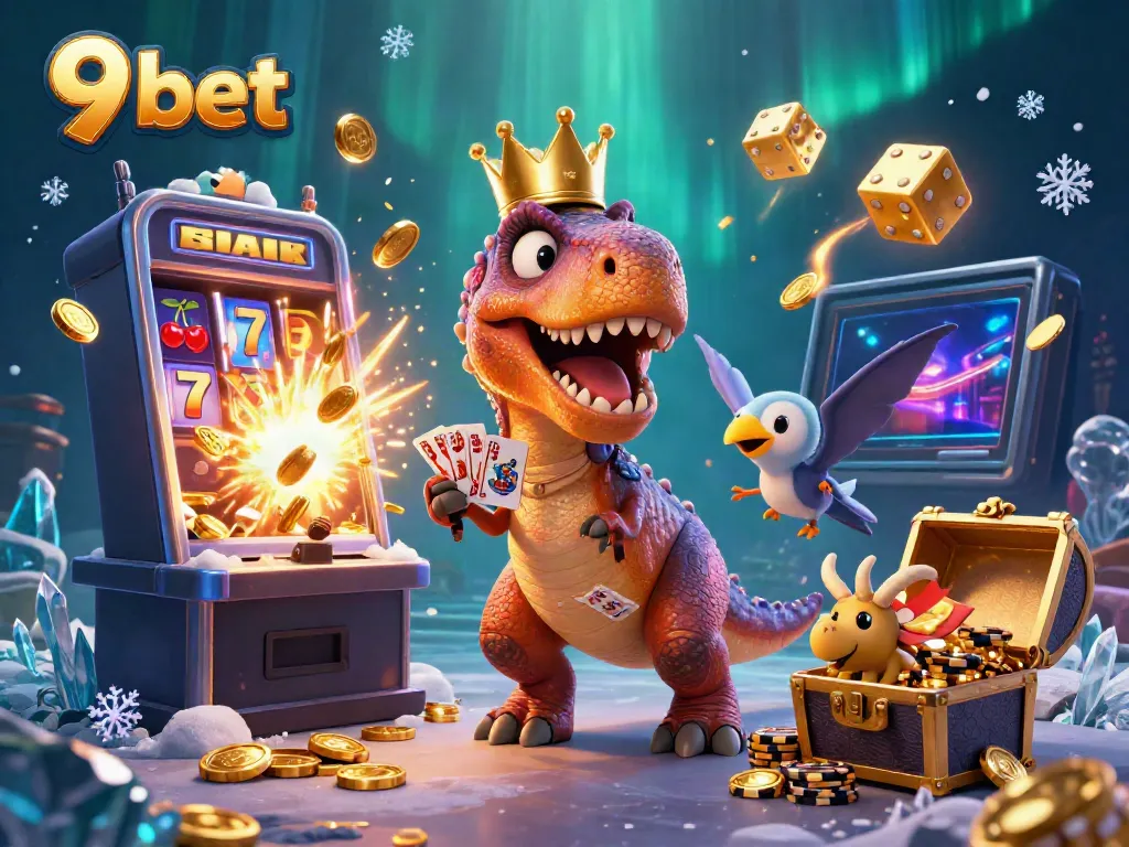 Enjoy a vibrant scene of the 9 bet world with colorful characters and casino elements galore.