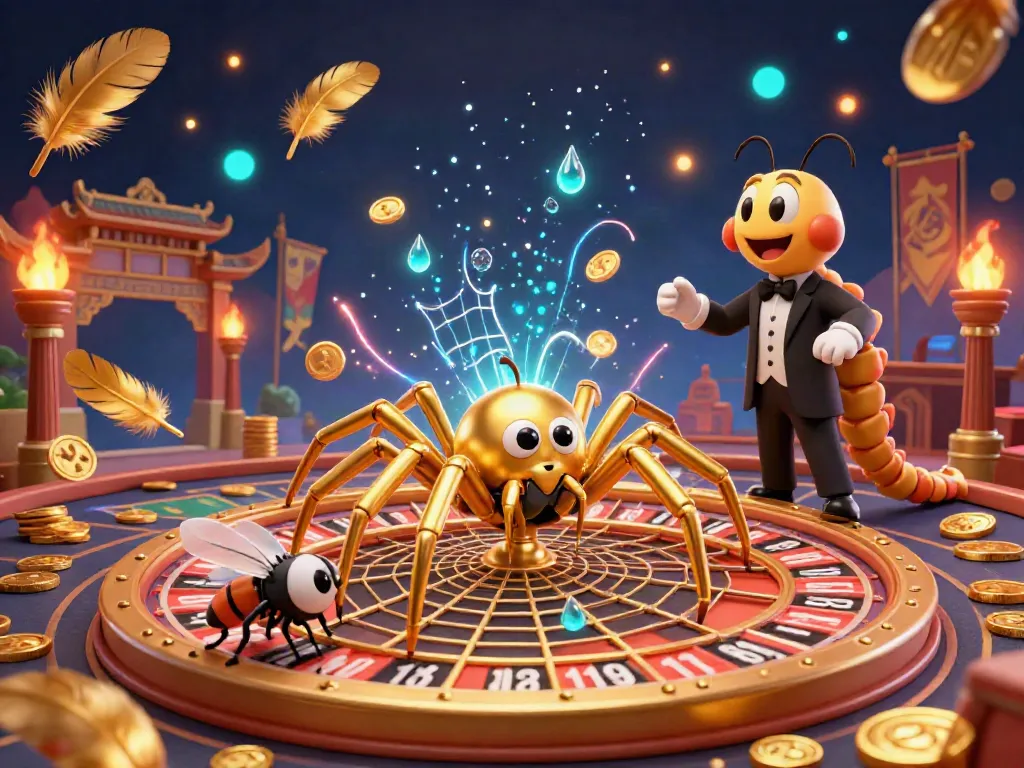 Experience the thrill of gaming with the TK88 link as the golden spider spins a roulette wheel of fortune.