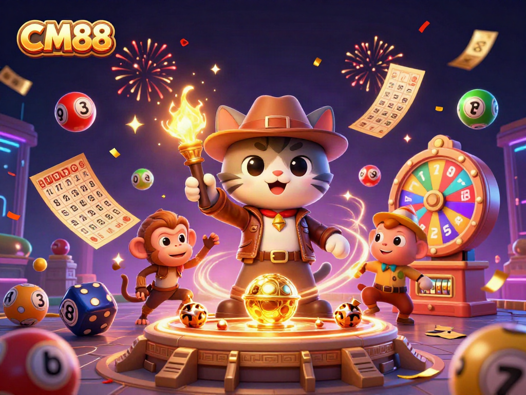 CM88 showcases a thrilling scene with the archaeologist cat uncovering casino treasures amidst vibrant gambling elements.