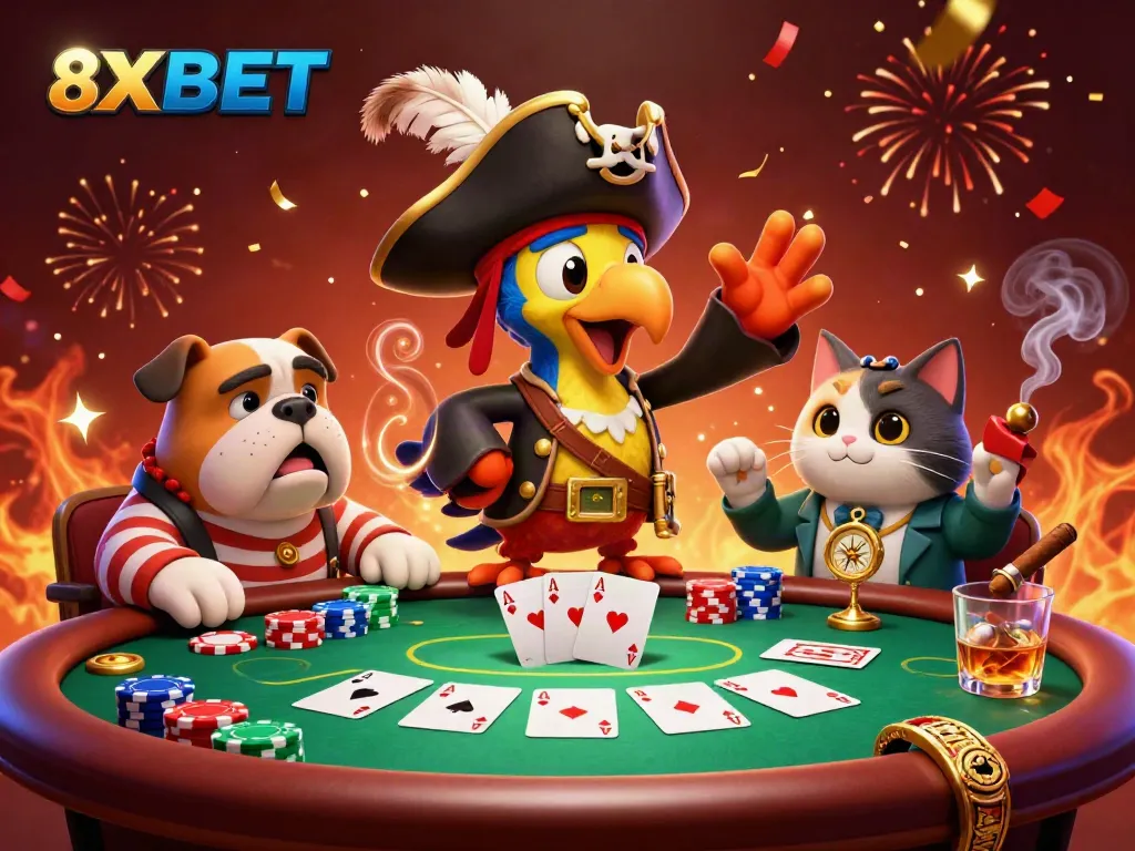 Experience excitement at 8XBET's poker table with vibrant characters and colorful game elements.