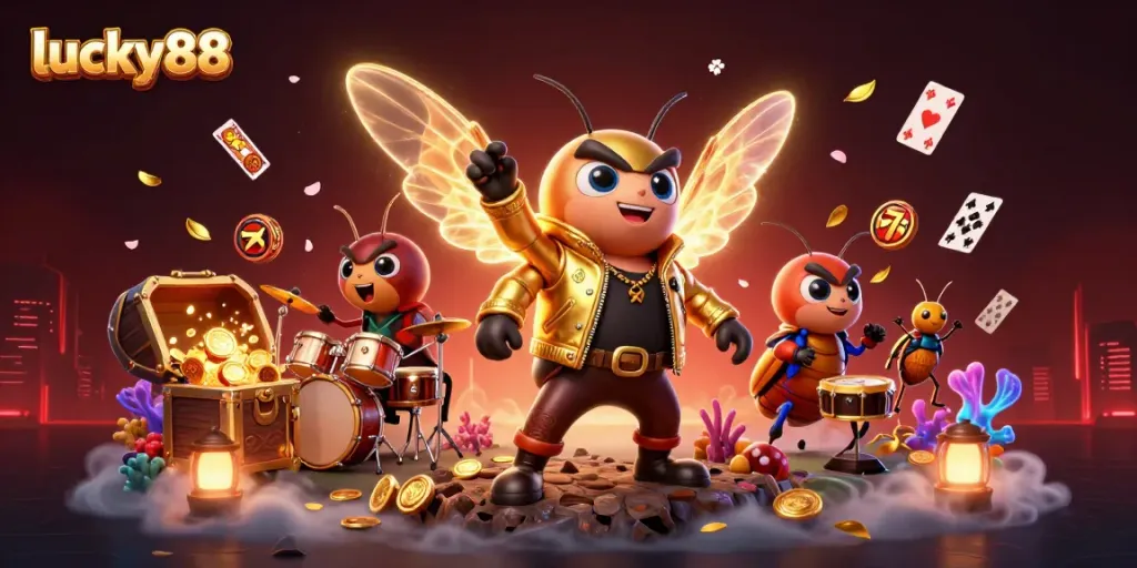 Win exciting jackpots with lucky88 in this vibrant casino-themed 3D illustration featuring dynamic characters.