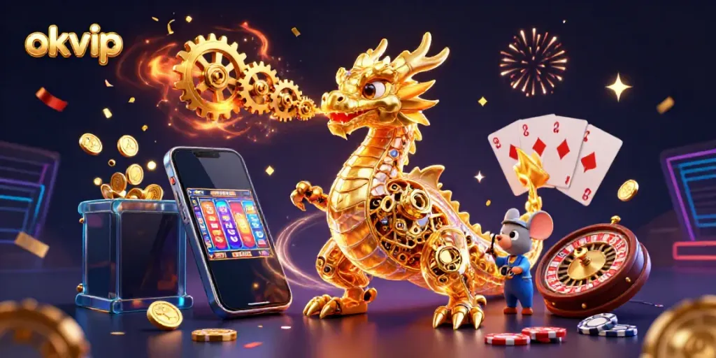 Experience thrilling gameplay with okvip, where a golden dragon breathes gears among casino elements and winnings.
