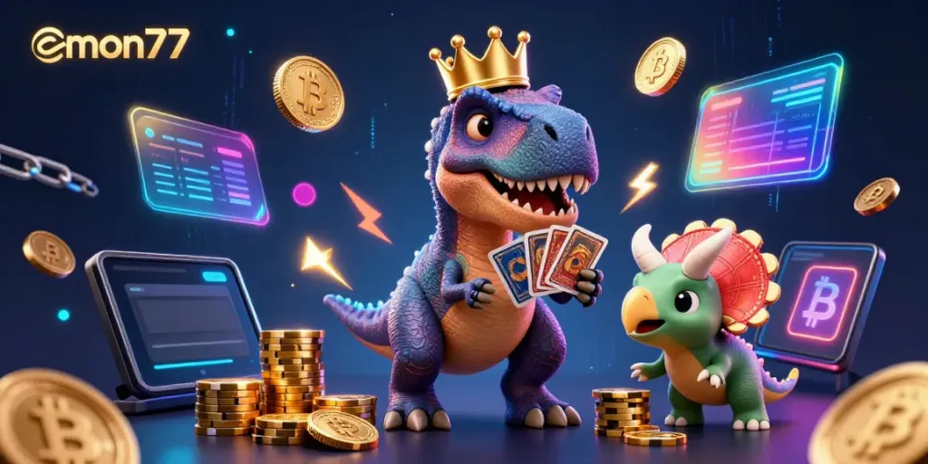 Experience the fun of emon77 with T-Rex, pterodactyl & triceratops in vibrant casino scene.