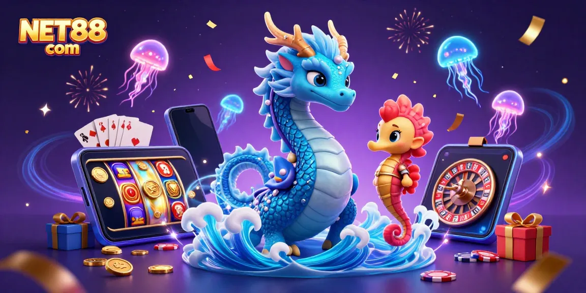Spin the reels of excitement at NET88 com, featuring a vibrant underwater gaming adventure with a dragon and seahorse.
