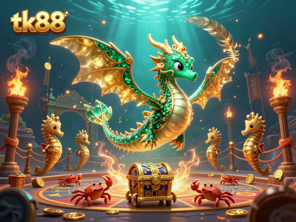 Experience vibrant tk88 underwater casino excitement featuring emerald sea dragon and gold tokens.