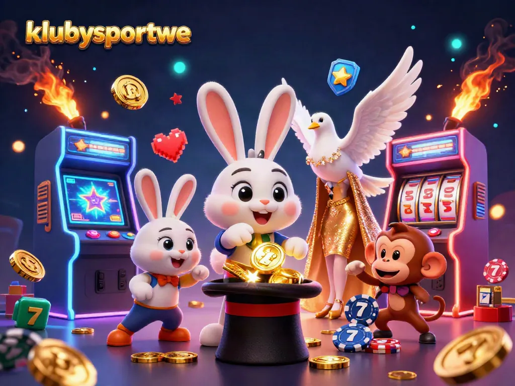 klubysportowe features a 3D cartoon magician rabbit with coins, amid a lively casino scene.