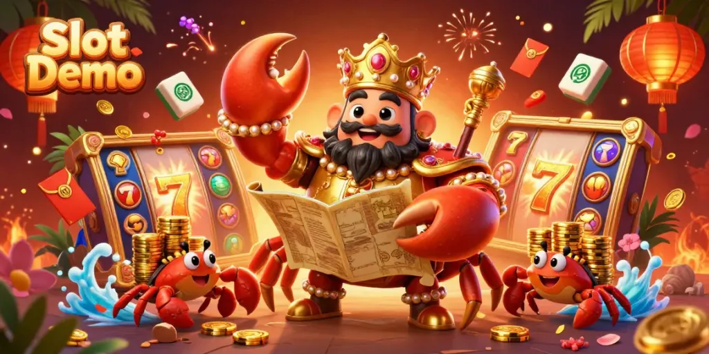 Experience thrilling Slot Demo action with golden crab emperor surrounded by vibrant gaming elements.