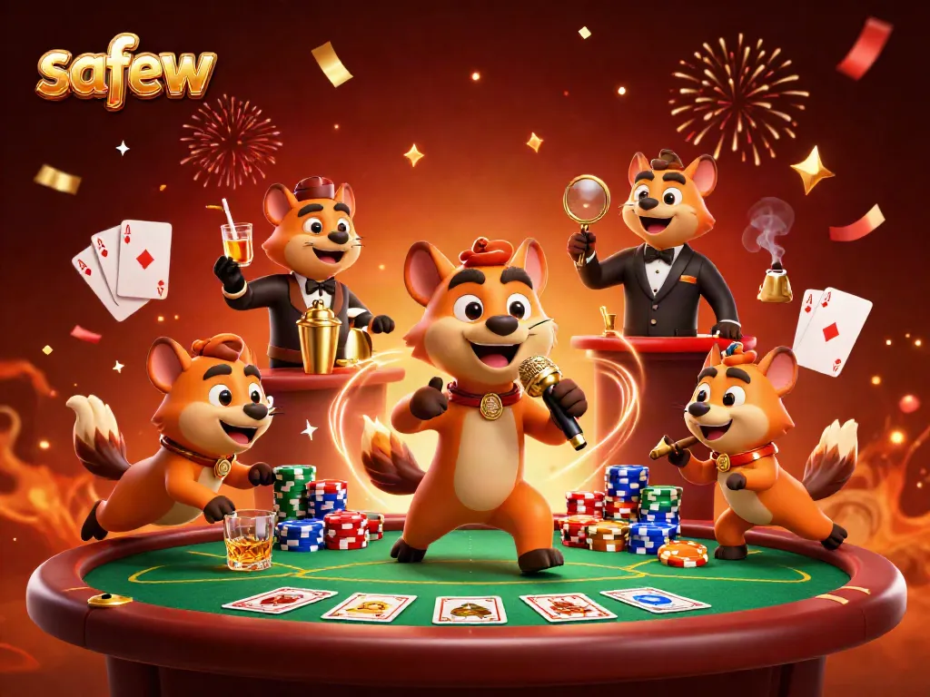 Hyenas in a comedy casino club with safew branding, showcasing lively gaming elements.