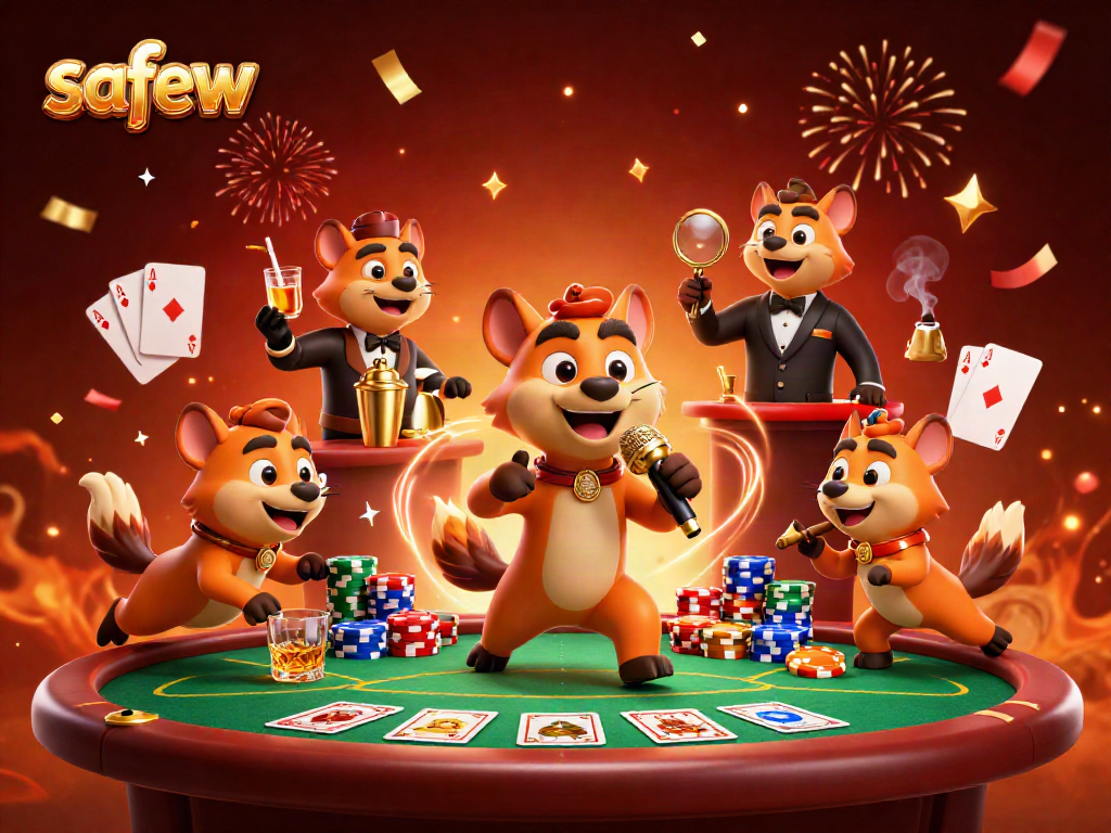 Hyenas in a comedy casino club with safew branding, showcasing lively gaming elements.