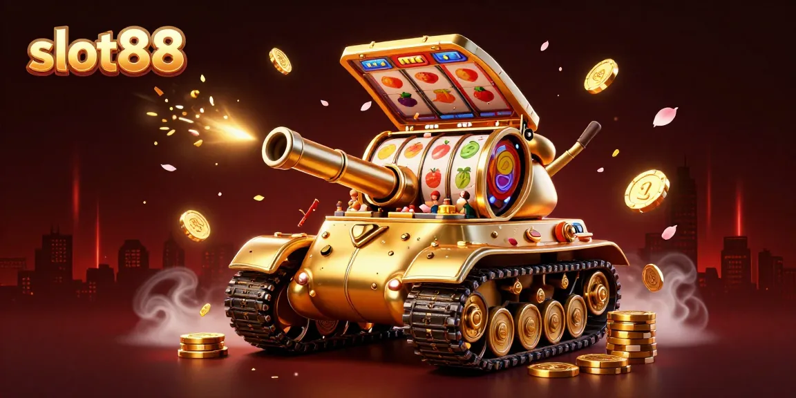 Rasakan keseruan slot88 dengan mesin slot yang berputar di dalam tank kasino berwarna emas yang memancarkan cahaya.