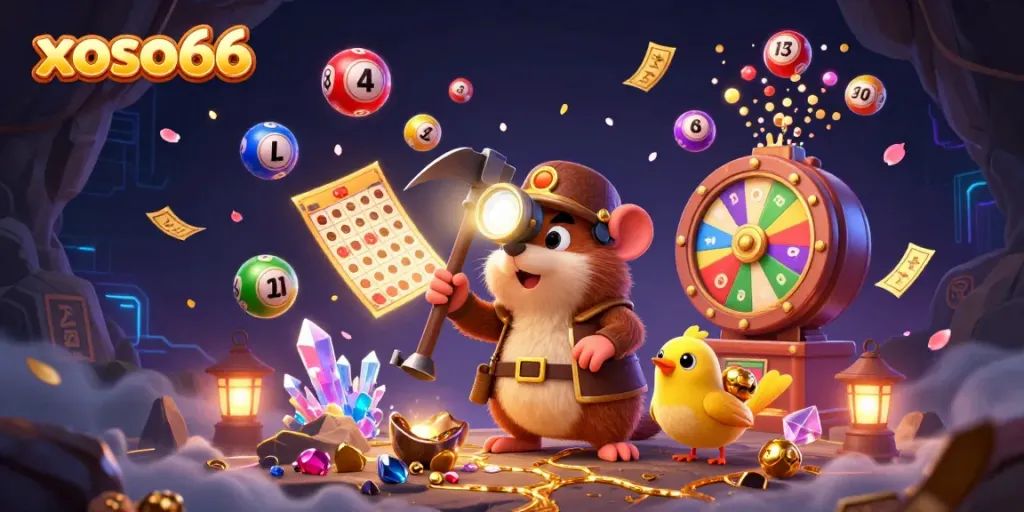 Experience the excitement of xoso66 with this dynamic 3D illustration featuring colorful lottery balls and a treasure hunter.