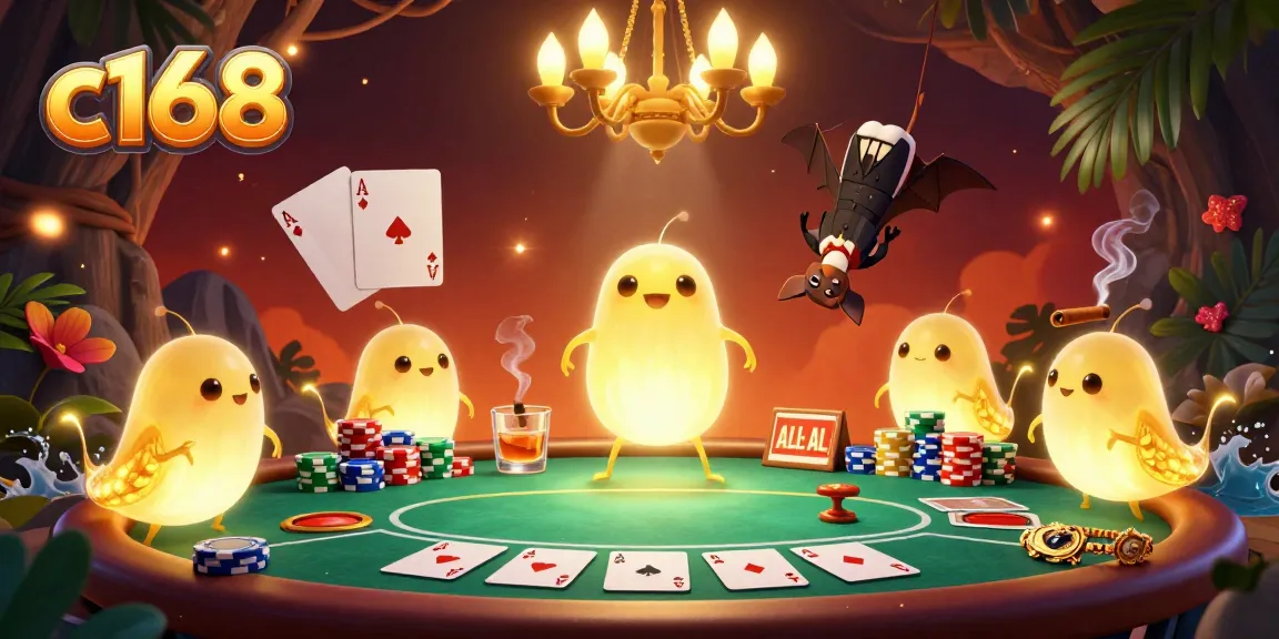 Engaging scene of c168 glowworms illuminating a dynamic casino poker game with colorful chips.