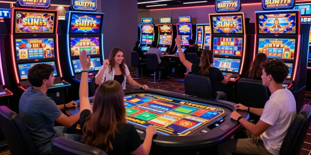 Players immersed in SLOT777 online gaming, celebrating wins with vibrant visuals.