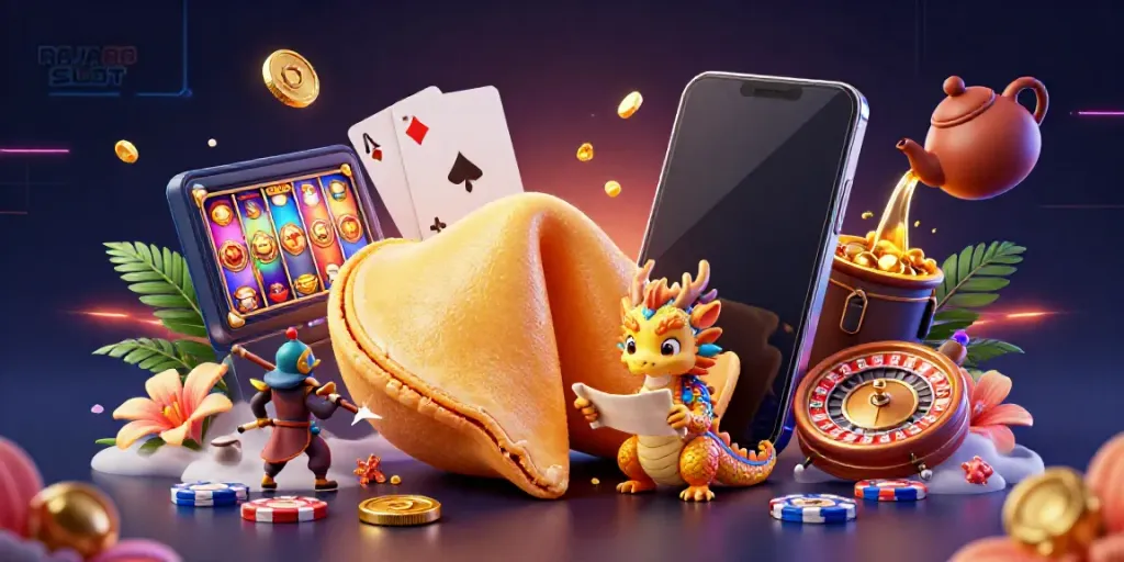 Experience the thrill of RAJA88 SLOT with a vibrant fortune cookie and dragon in this captivating casino illustration.