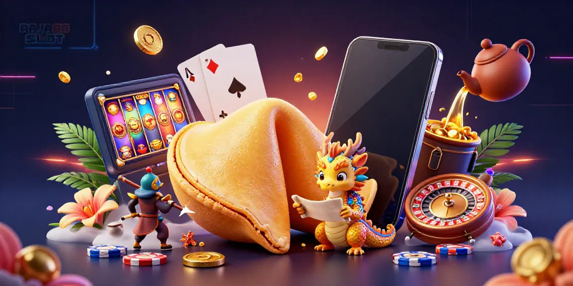 Experience the thrill of RAJA88 SLOT with a vibrant fortune cookie and dragon in this captivating casino illustration.