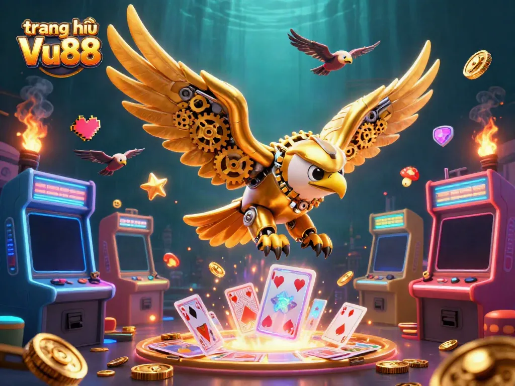 Experience the excitement of trang chủ Vu88 with a vibrant 3D illustration of a golden eagle and playing cards.
