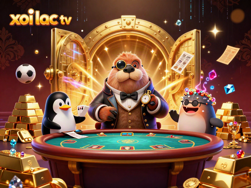 Xoi lac tv showcases an underwater gambling scene with cartoon characters, cards, and sports elements.