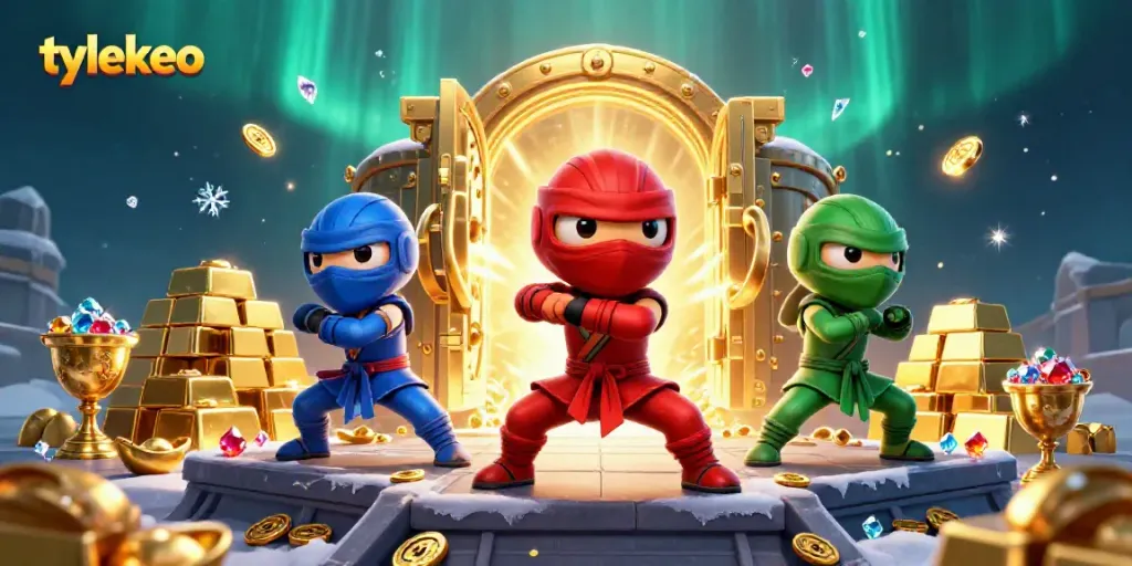 Engage with tylekeo's vibrant ninja chameleons mastering martial arts amid an explosion of exciting casino treasure.