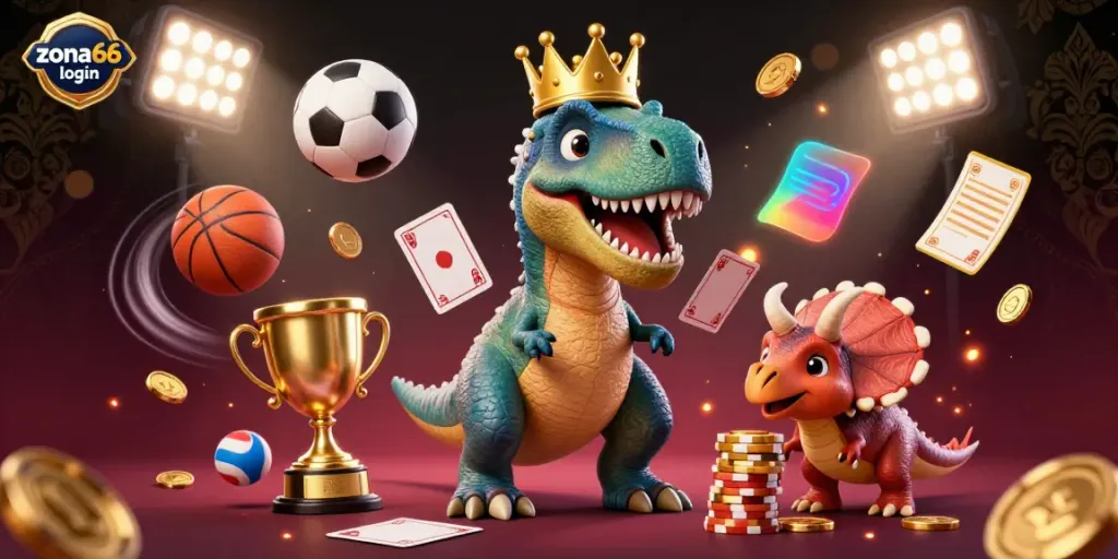 Engage with zona66 login, a cartoon T-Rex shuffling cards while a pterodactyl assists and a triceratops stacks chips.