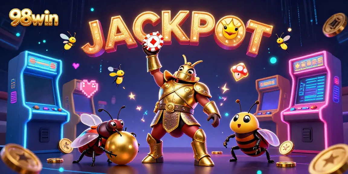 Engage in gambling excitement at 98win with a victorious hercules beetle and glowing poker chip in a vibrant casino scene.