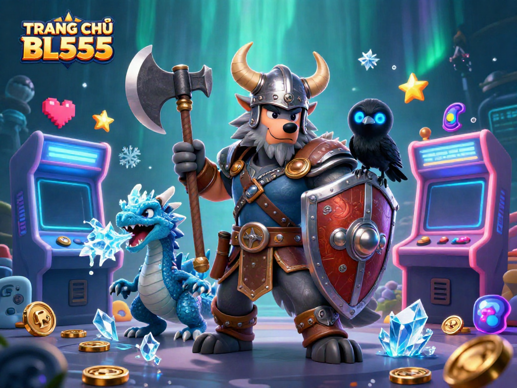 Experience TRANG CHỦ BL555 with a dynamic illustration of a Viking wolf warrior and gaming elements.