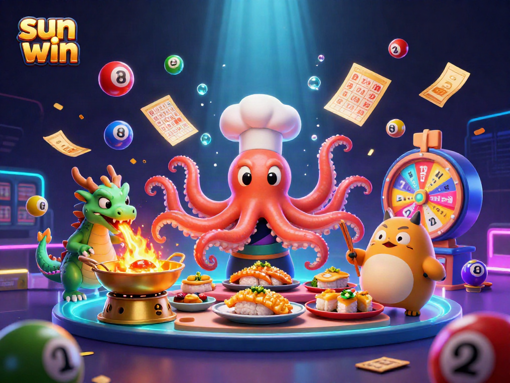 Experience thrilling gameplay with sun win, featuring vibrant elements like lottery balls and a golden prize wheel.