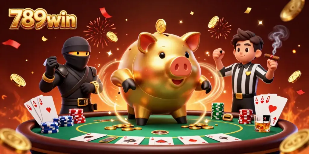 Engaging scene featuring the 789win golden piggy bank, a wallet ninja, and a credit card samurai amidst casino elements.
