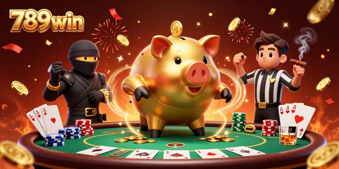 Engaging scene featuring the 789win golden piggy bank, a wallet ninja, and a credit card samurai amidst casino elements.