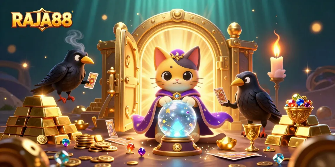 Experience the thrill of RAJA88 with a vibrant casino-themed 3D scene featuring engaging mystical elements.