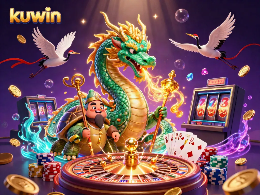 Kuwin's vibrant casino scene with a dragon, jade turtle, and cranes amidst golden coins and roulette.