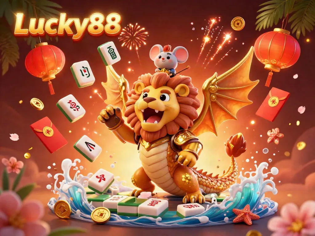 Experience the thrill of Lucky88 casino with dynamic 3D characters amidst floating mahjong tiles and festive elements.