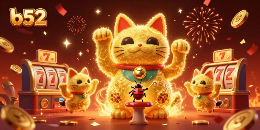 Engage with the vibrant b52 casino atmosphere featuring a golden lucky cat, dynamic symbols, and festive elements.