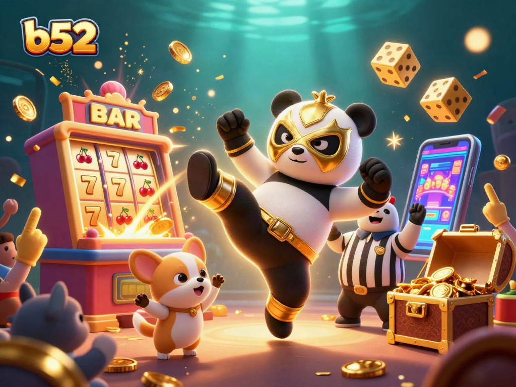 B52-themed casino illustration featuring a panda wrestler, dynamic slot machine action, and cheering animal fans.