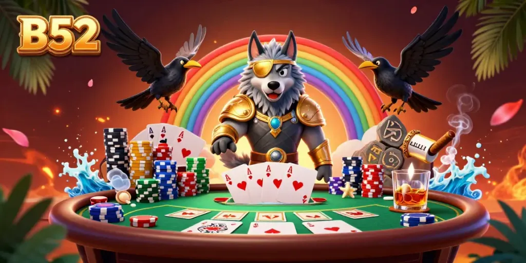 Experience B52 with dynamic casino gaming elements alongside iconic Norse characters in a vibrant setting.