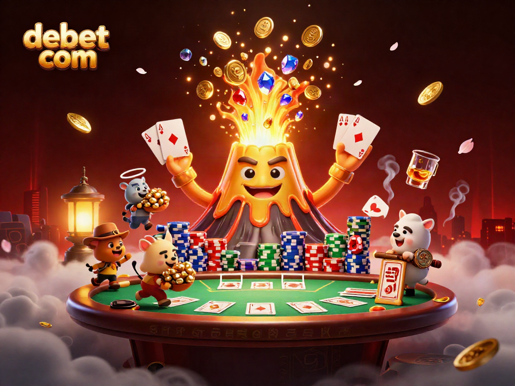 Experience the thrill of debet com with vibrant treasures erupting from a golden volcano in this captivating casino illustration.