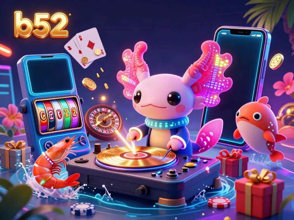 Experience the b52 casino vibe with vibrant axolotl DJ and dynamic slot games in a lively underwater scene.
