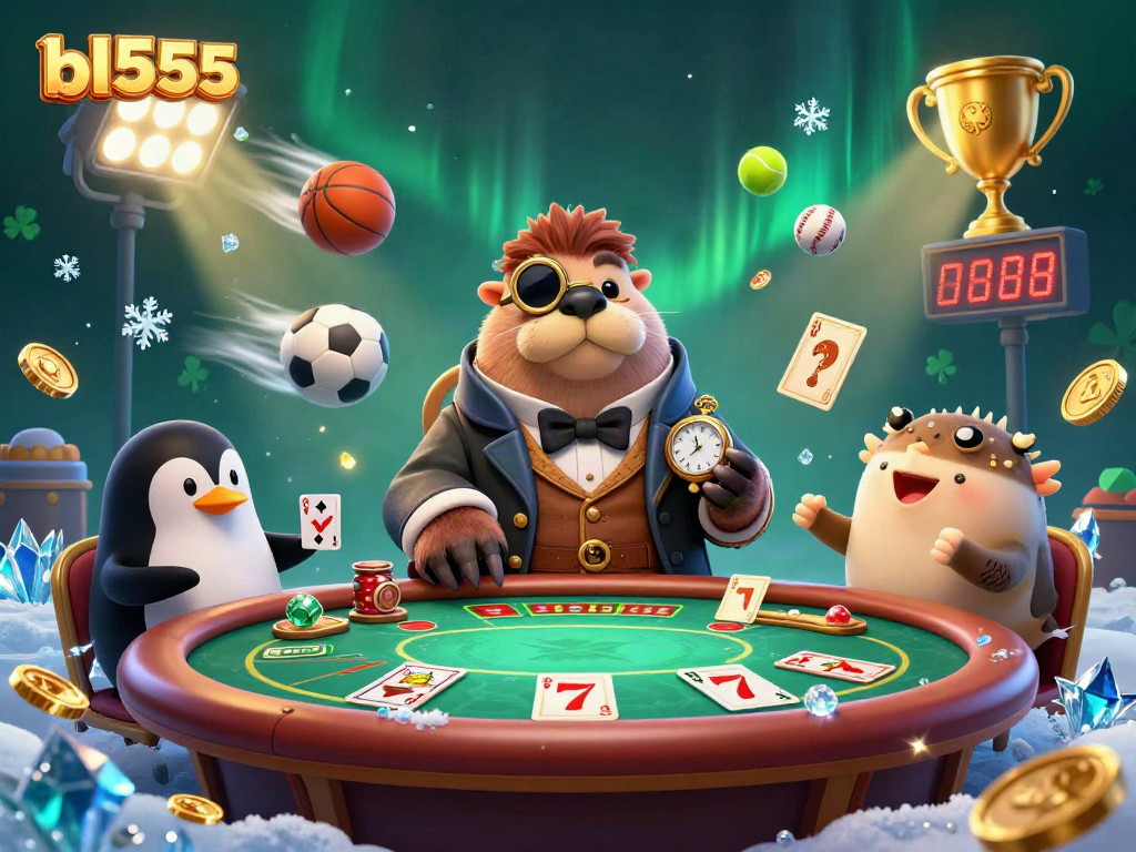 Experience the excitement of bl555 casino with a jolly walrus at an underwater poker game.