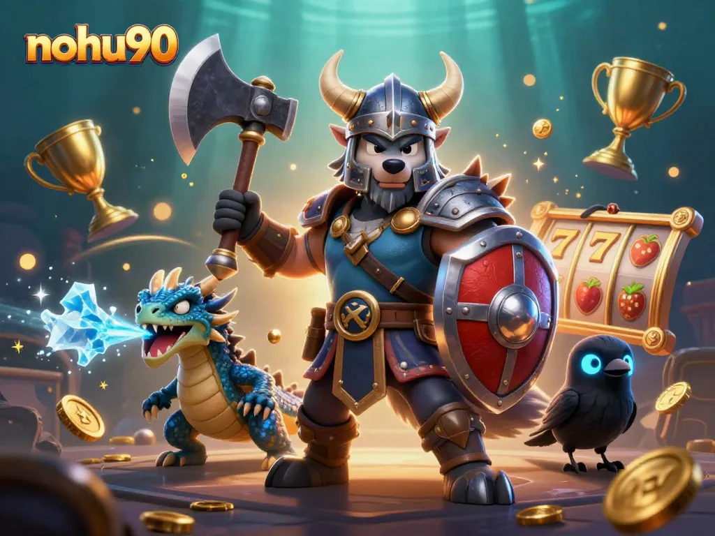 Nohu90 presents a lively 3D depiction of a Viking wolf warrior, dragon, and raven amidst thrilling slot elements.