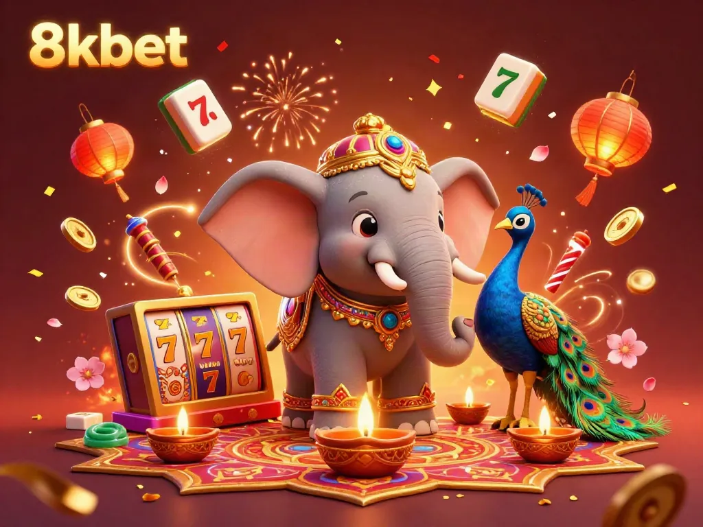 Experience the thrills of 8kbet with vibrant slot games in a festive digital illustration.