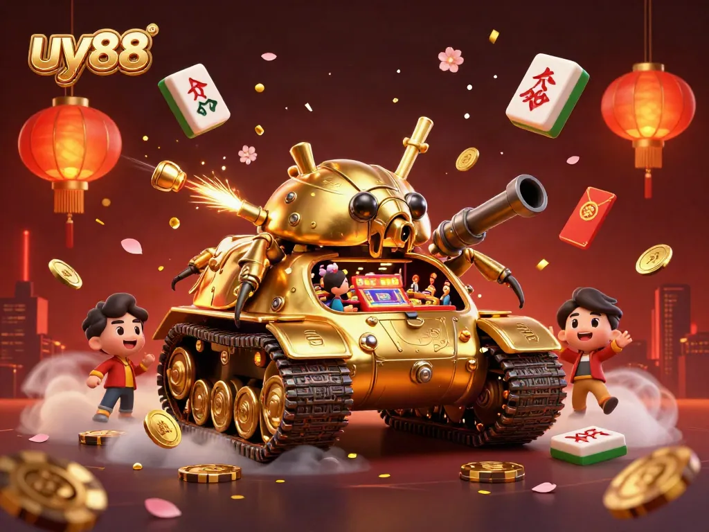 Engage with the dynamic uy88 casino scene showcasing a golden beetle tank revealing a miniature casino.