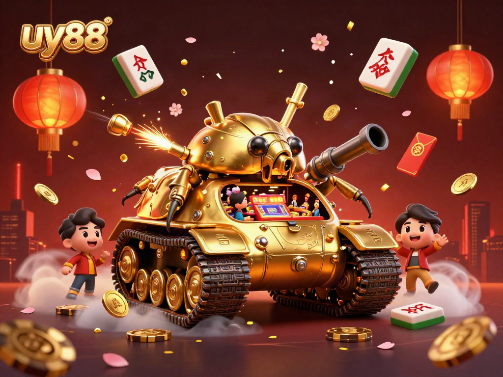 Engage with the dynamic uy88 casino scene showcasing a golden beetle tank revealing a miniature casino.