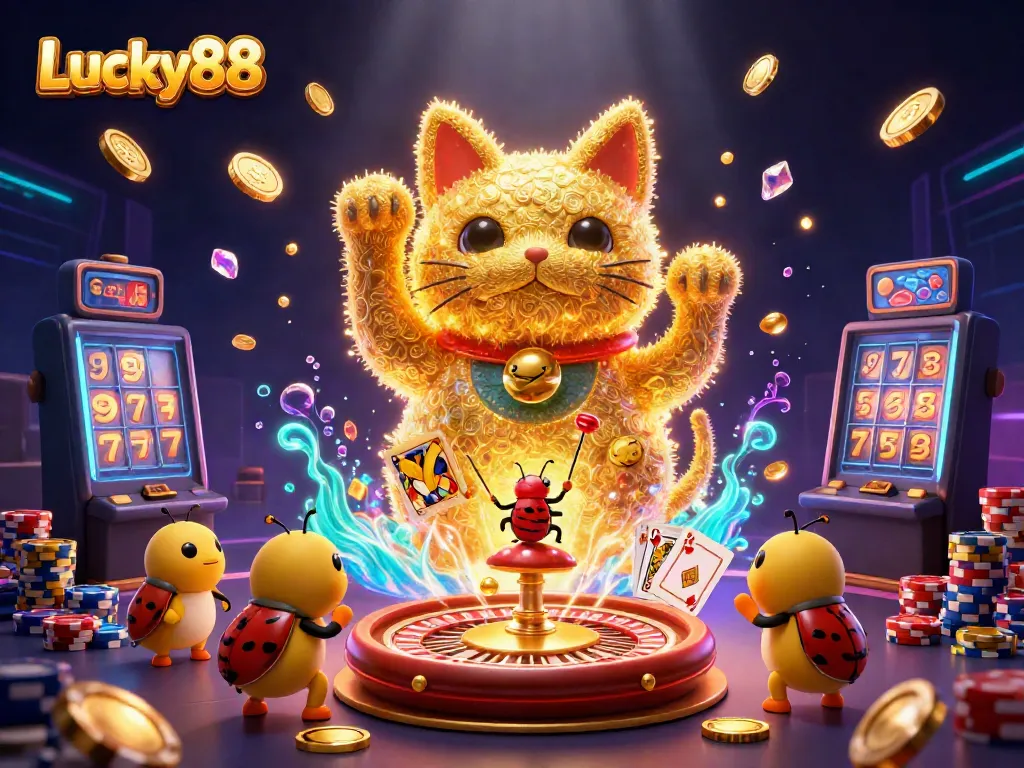 Experience the excitement of Lucky88 with vibrant casino elements and a lucky cat symbolizing fortune and fun.