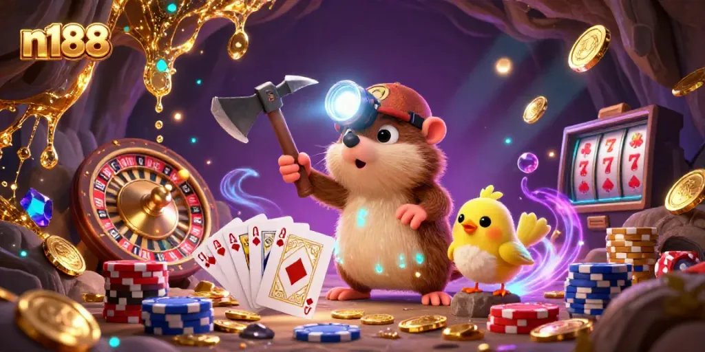 Experience the excitement of n188 with a treasure-filled cave of shining coins, colorful poker chips, 3D roulette, and bright gameplay elements.
