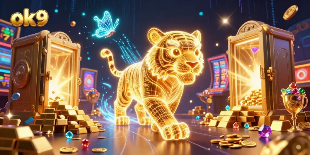 Win big with ok9 in a vibrant digital casino featuring a golden tiger and dazzling treasures.