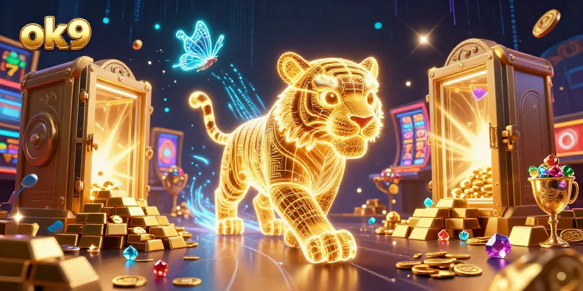 Win big with ok9 in a vibrant digital casino featuring a golden tiger and dazzling treasures.