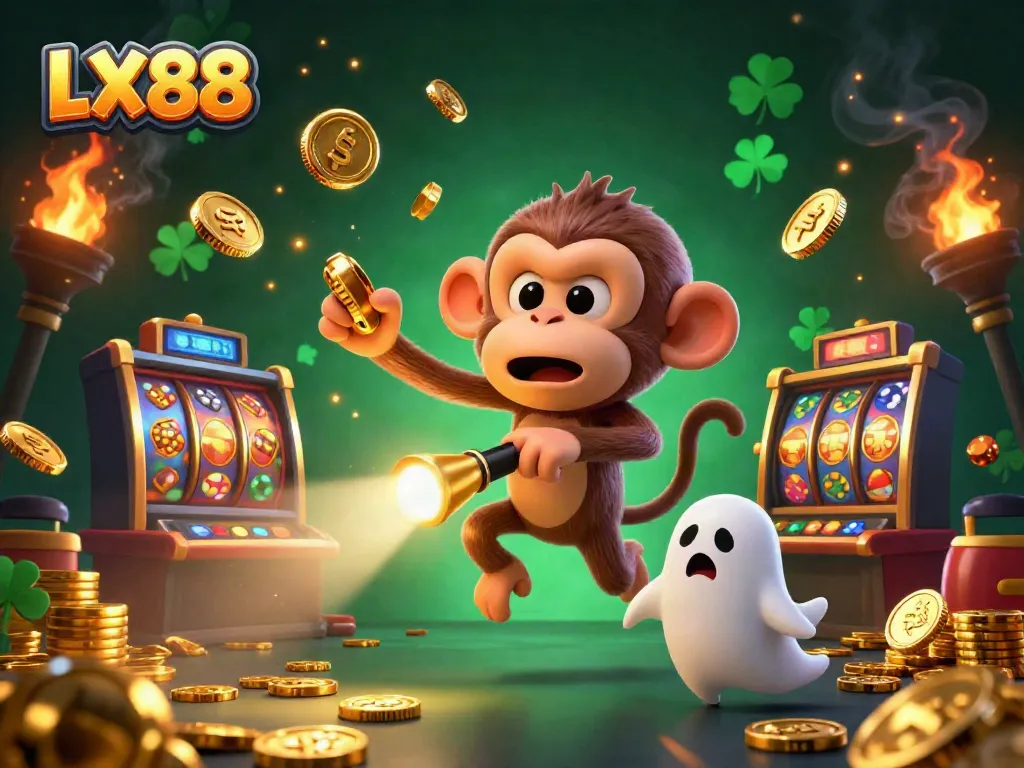 Experience the thrill of LX88 with a mischievous poltergeist monkey juggling golden rewards in a vibrant casino.