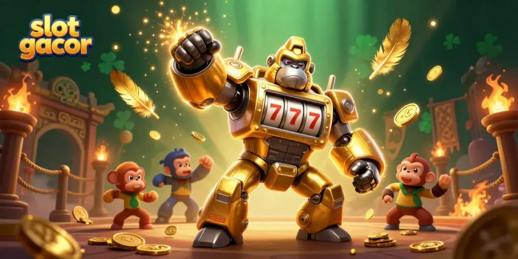 Experience the excitement of slot gacor with a dynamic golden gorilla mech and spinning reels in action!