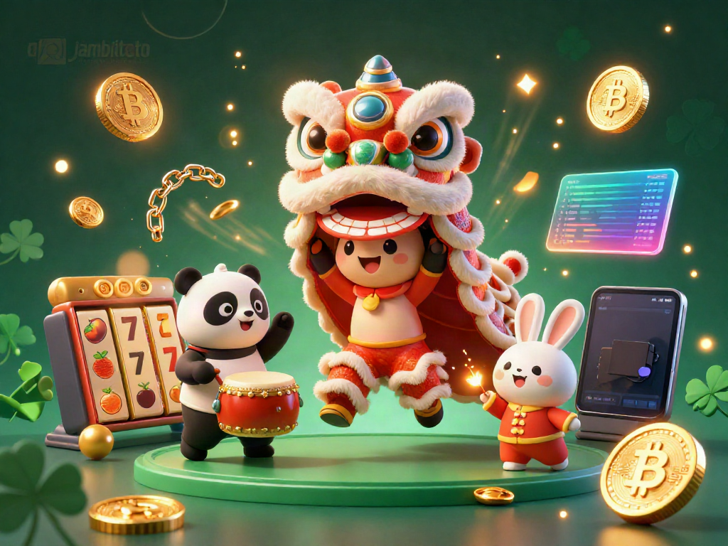 Experience the thrill of daftar jambitoto with a colorful lion dance and slot symbols in this vibrant illustration.