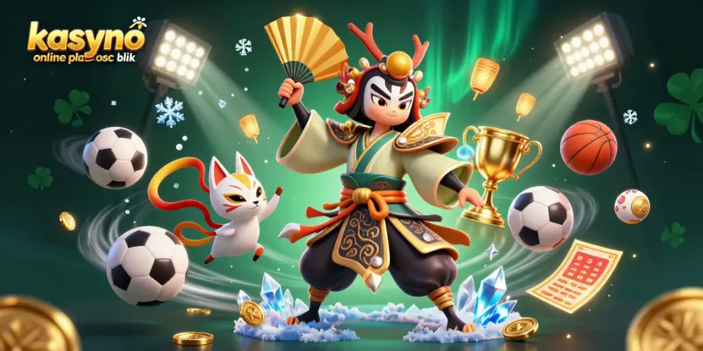 Engage in thrilling gaming with kasyno online platnosc blik, featuring a kabuki warrior, kitsune mask, sports elements, and glimmering coins.